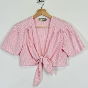 Loco Lindo Retro Beach Pink White Stripe Seersucker Crop Shirt Top Womens Medium